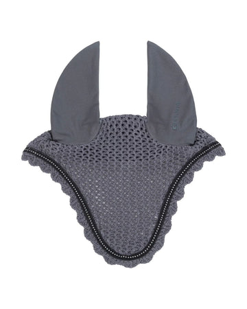 Gray equestrian fly mask with ear flaps on a white background