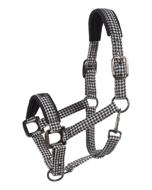 Horse halter with black and white checkered pattern on a white background