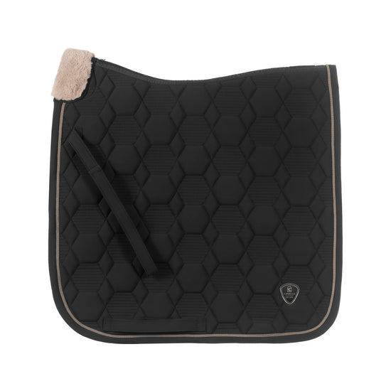 Black quilted saddle pad on a white background
