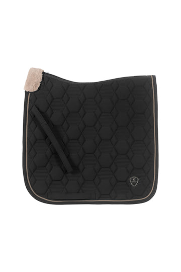 Black quilted saddle pad on a white background