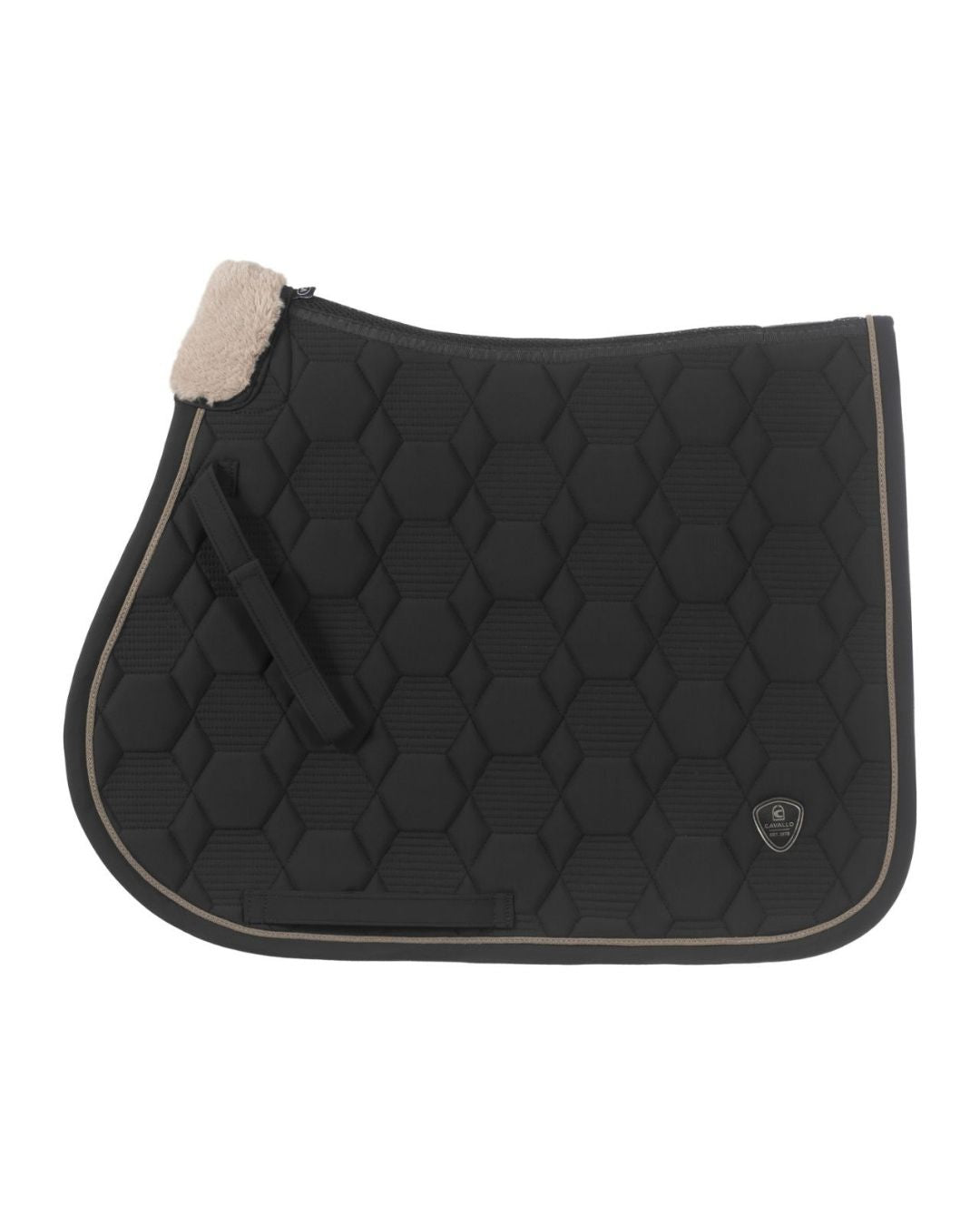 Black quilted jumper saddle pad with beige border on a white background