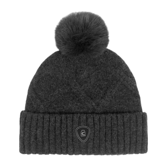 Dark gray knit beanie with pom-pom on a white background