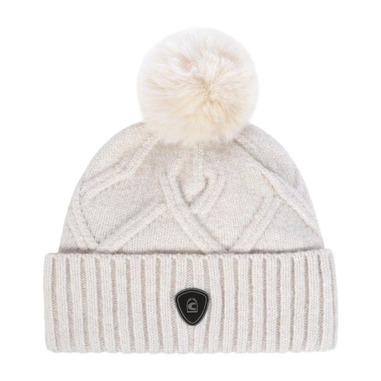 Knitted beanie with pom-pom on a white background