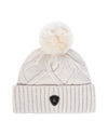 Knitted beanie with pom-pom on a white background