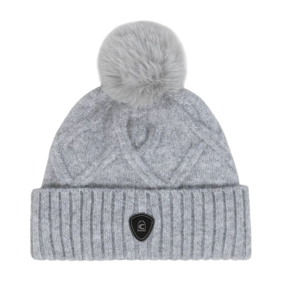Gray knit beanie with pom-pom on a white background