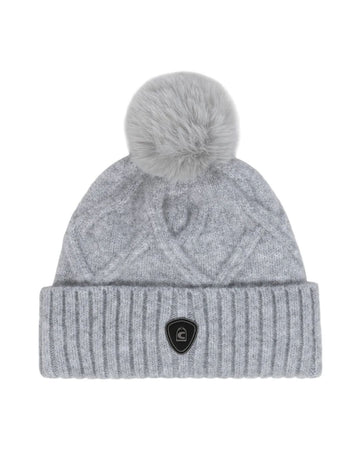 Gray knit beanie with pom-pom on a white background