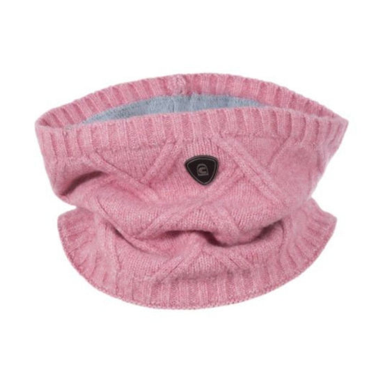 Pink knitted neck warmer with a button on a white background Cavallo
