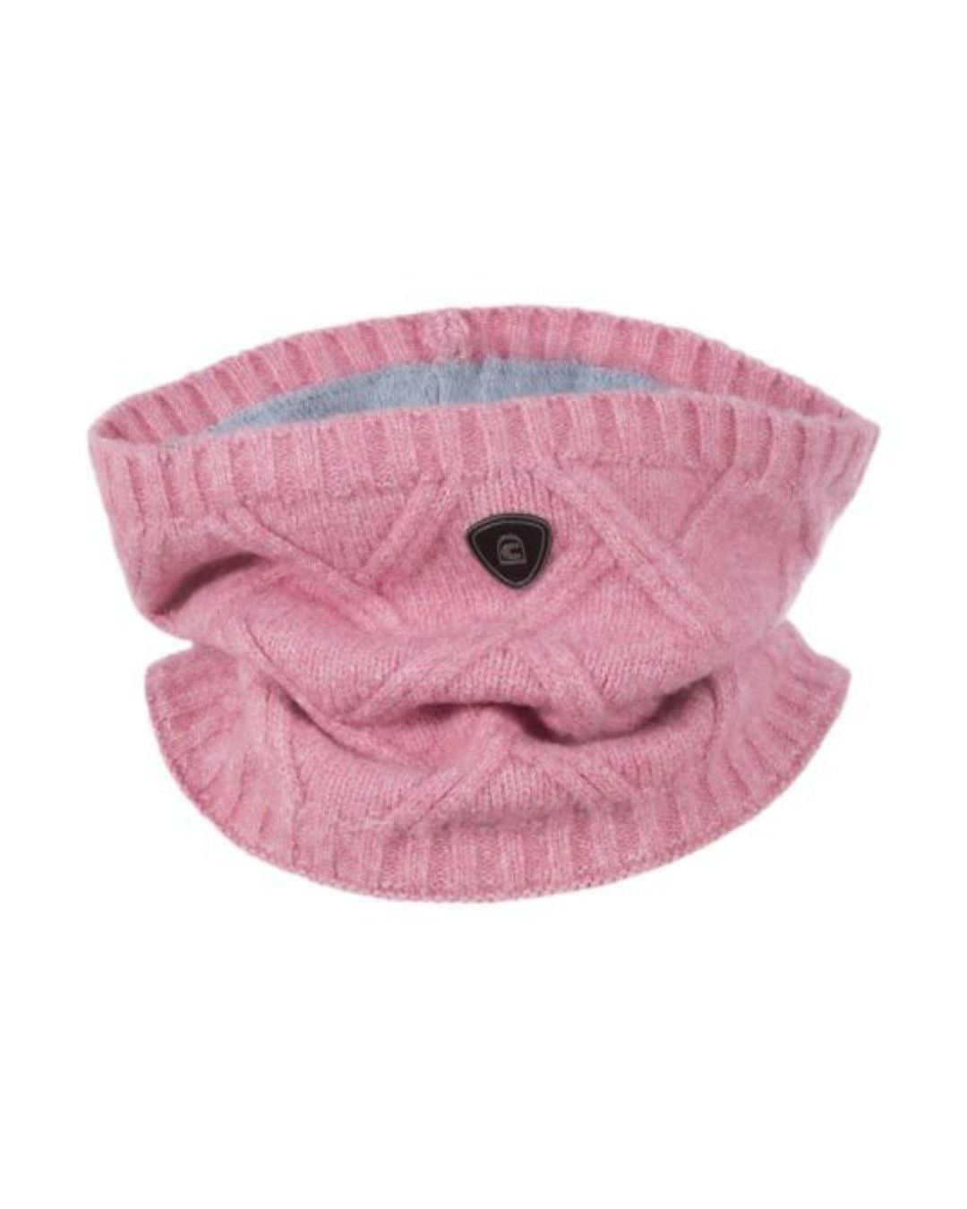 Pink knitted neck warmer with a button on a white background Cavallo
