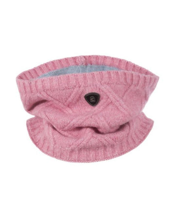 Pink knitted neck warmer with a button on a white background Cavallo