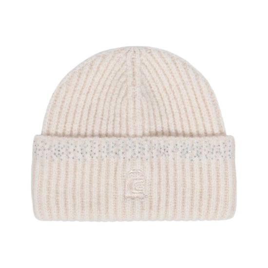 Beige knit beanie with a textured band on a white background Cavallo