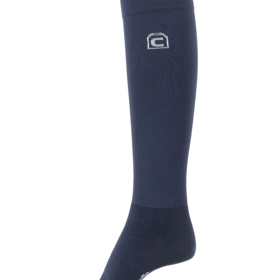 Navy knee-high sock with a logo on a white background
