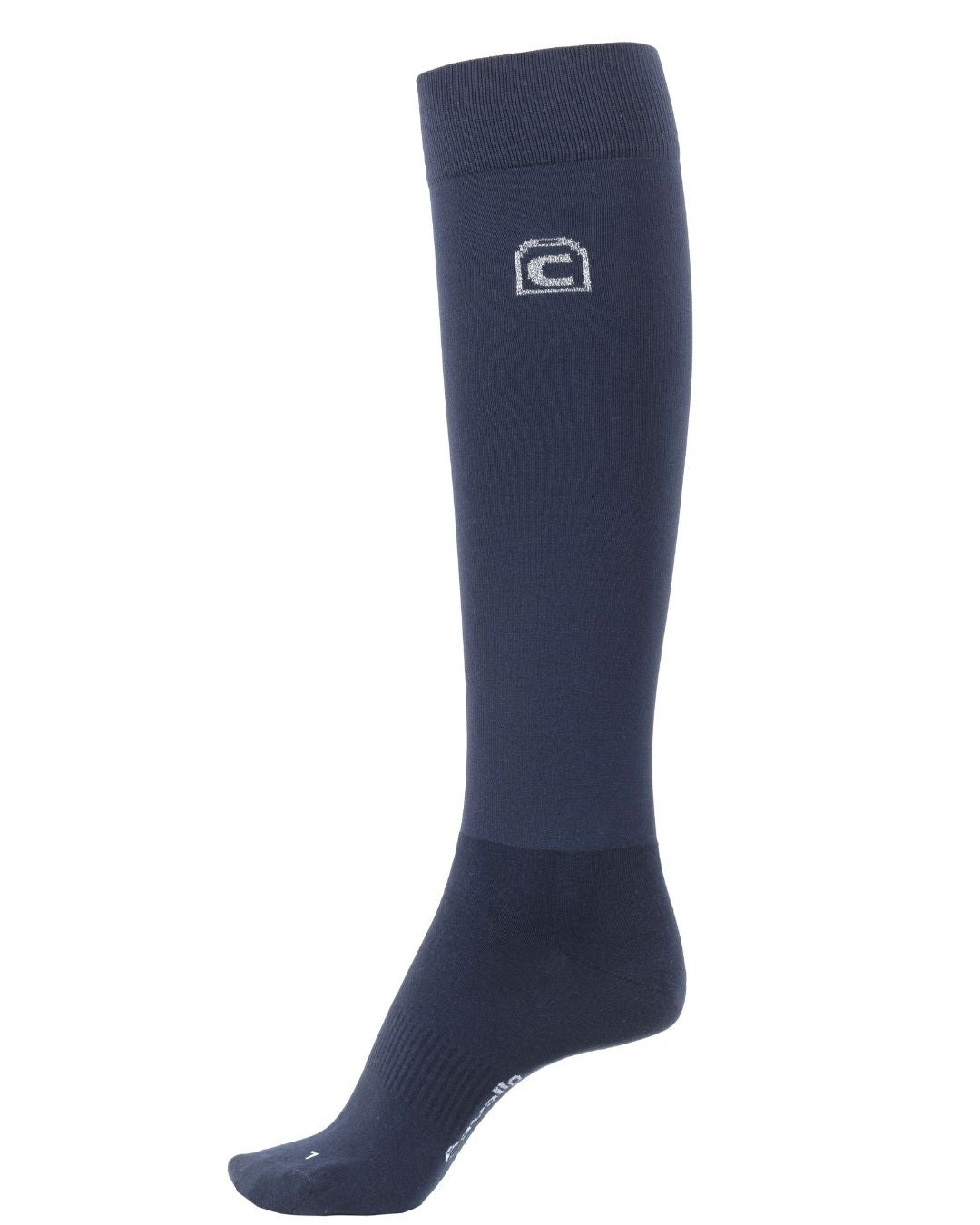Navy knee-high sock with a logo on a white background