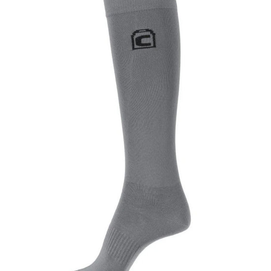 Gray knee-high sock with a logo on a white background