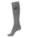 Gray knee-high sock with a logo on a white background