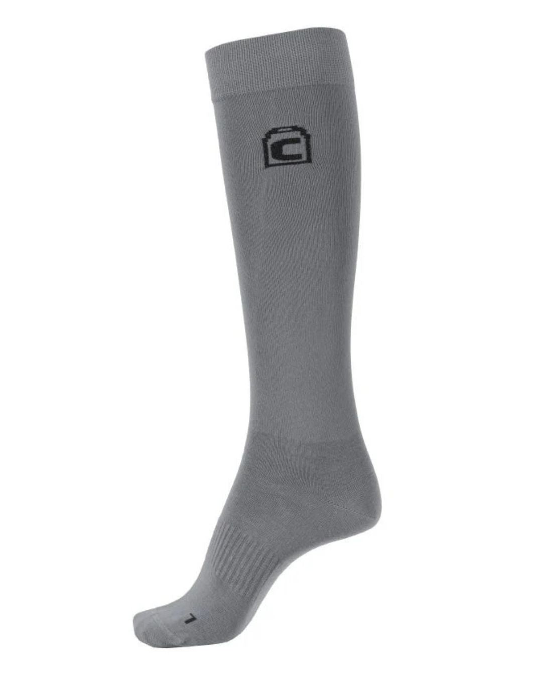 Gray knee-high sock with a logo on a white background