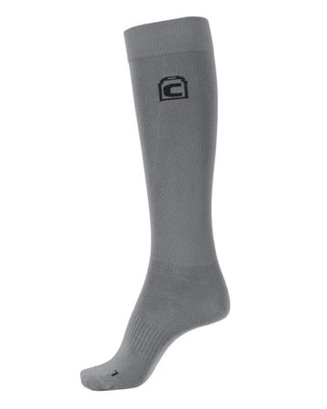 Gray knee-high sock with a logo on a white background