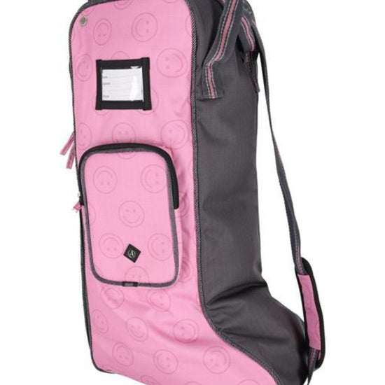 Pink and gray bag with smiley face pattern on a white background equestrian fashion outfitters