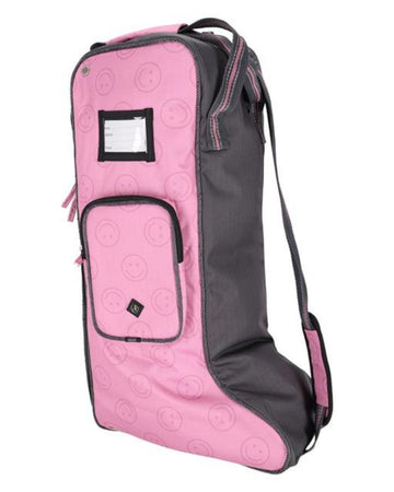 Pink and gray bag with smiley face pattern on a white background equestrian fashion outfitters