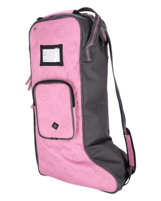 Pink and gray bag with smiley face pattern on a white background equestrian fashion outfitters