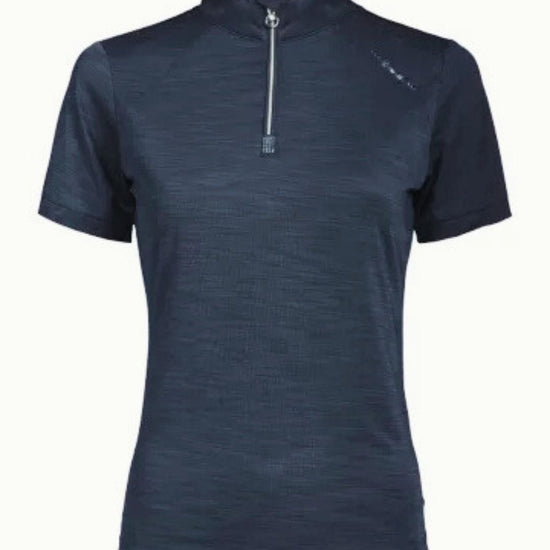 Navy short-sleeve shirt with a quarter zip on a white background