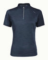 Navy short-sleeve shirt with a quarter zip on a white background