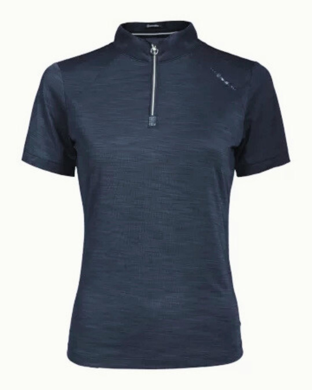 Navy short-sleeve shirt with a quarter zip on a white background