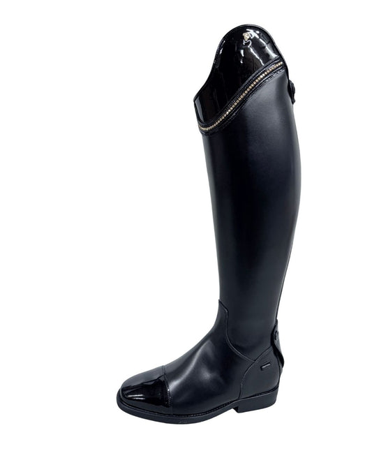 Petrie tall boot with gold crystals and patent cuff and toe dublin equestrian fashion outfitters