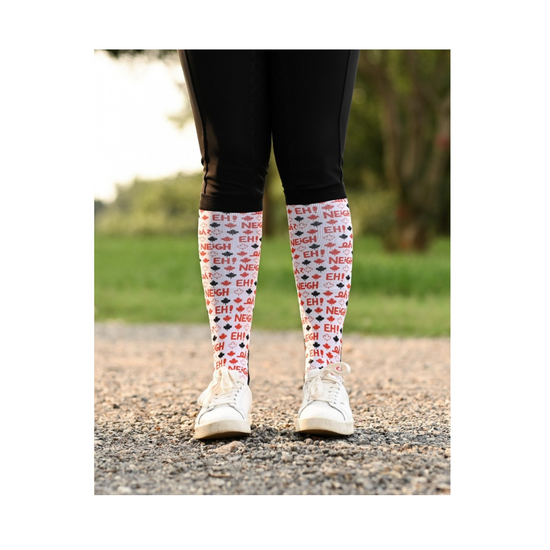 boot sock canada in red and black on white background with workd eh! and Neigh equestrian fashion outfitters