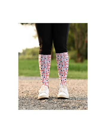 boot sock canada in red and black on white background with workd eh! and Neigh equestrian fashion outfitters