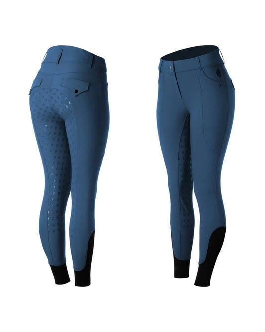 Pair of blue riding pants with black accents on a white background equestrian fashion outfitters