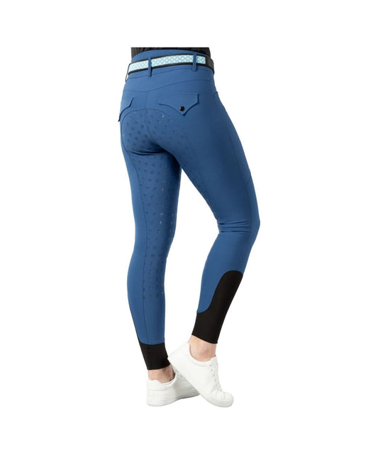 Blue riding pants with black legging details on a white background equestrian fashion outfitters