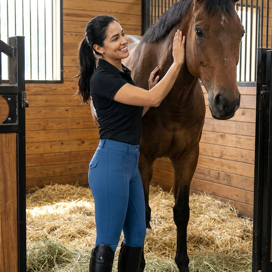 Woman wearing a pair of blue riding pants with black accents petting a horse equestrian fashion outfitters