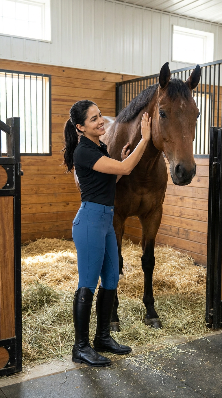 Woman wearing a pair of blue riding pants with black accents petting a horse equestrian fashion outfitters
