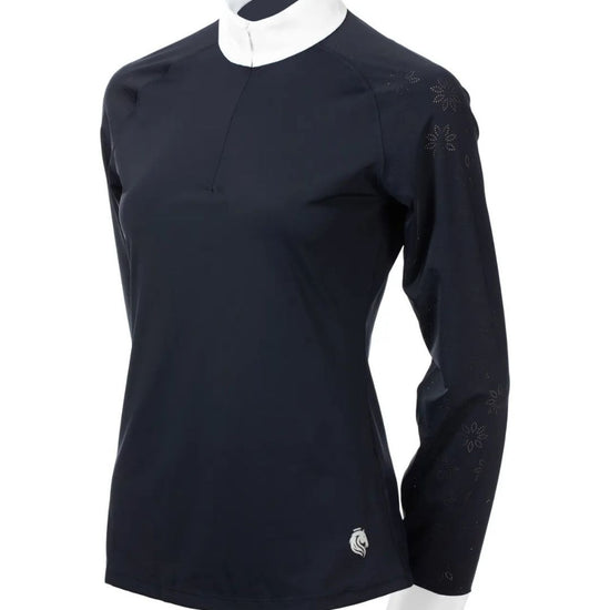 Navy long-sleeve shirt with white collar on a mannequin against a white background equestrian fashion outfitters