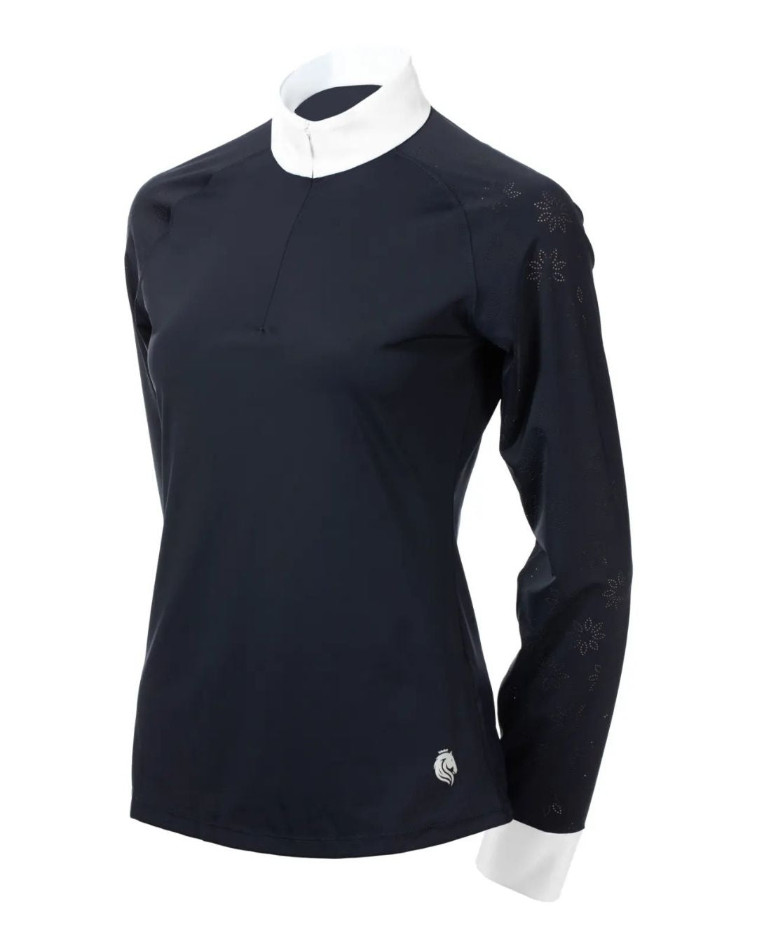 Navy long-sleeve shirt with white collar on a mannequin against a white background equestrian fashion outfitters