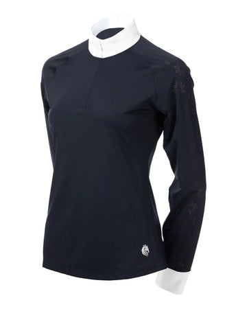 Navy long-sleeve shirt with white collar on a mannequin against a white background equestrian fashion outfitters