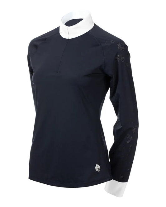 Navy long-sleeve shirt with white collar on a mannequin against a white background equestrian fashion outfitters