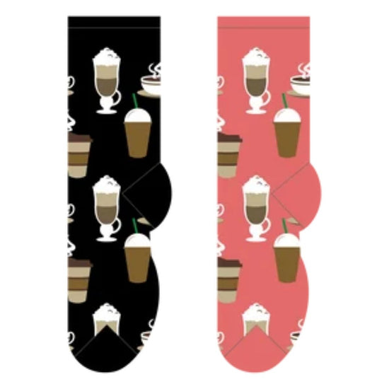 Two socks with coffee cup pattern, one black and one pink. equestrian Fashion Outfitters