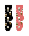 Two socks with coffee cup pattern, one black and one pink. equestrian Fashion Outfitters