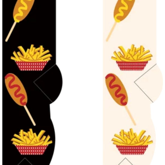 Socks with corn dogs and fries pattern on a black and beige background equestrian Fashion Outfitters