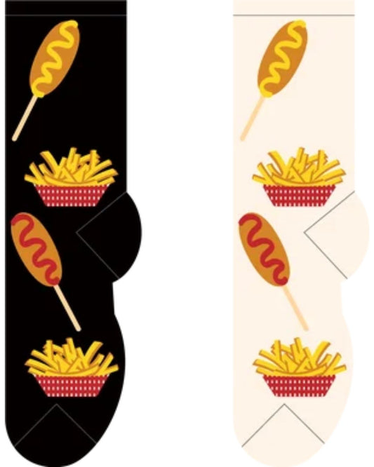 Socks with corn dogs and fries pattern on a black and beige background equestrian Fashion Outfitters