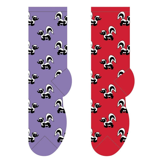 Two pairs of socks, one purple and one red, with a black and white pattern  skunk on a white background. equestrian Fashion Outfitters