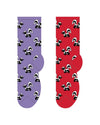 Two pairs of socks, one purple and one red, with a black and white pattern  skunk on a white background. equestrian Fashion Outfitters