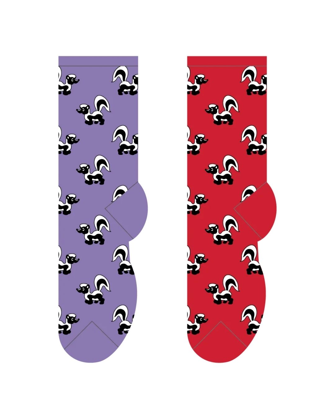 Two pairs of socks, one purple and one red, with a black and white pattern  skunk on a white background. equestrian Fashion Outfitters