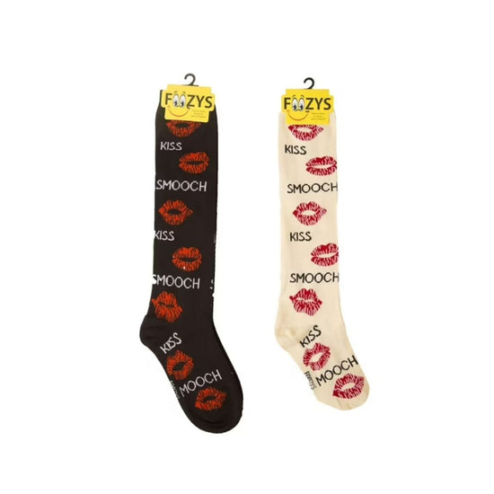 foozy crew socks smooch kiss red lips on white background yellow or black socks equestrian fashion outfitters