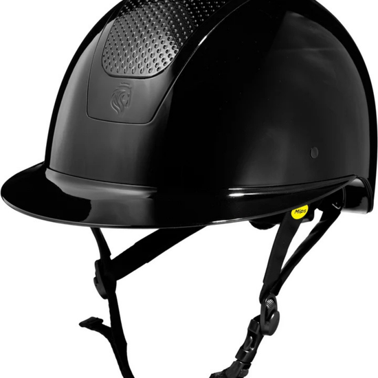Glossy black riding helmet with wide brim mips equestrian fashion outfitters