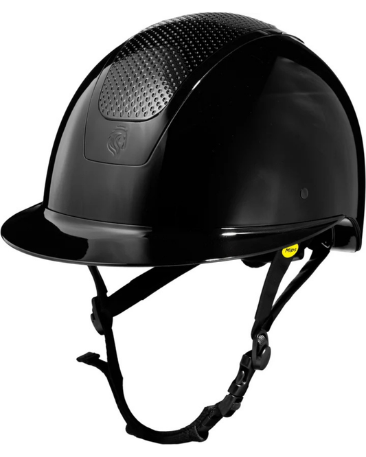Glossy black riding helmet with wide brim mips equestrian fashion outfitters