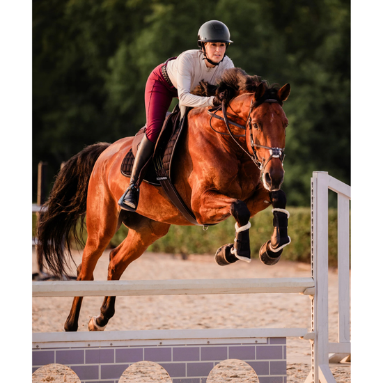 Glossy black riding helmet with wide brim mips girl on brown horse jumping a jump with red breeches. equestrian fashion outfitters