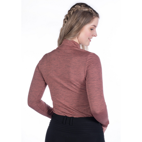 pink rust heathered shirt on a girl from the back with black breeches on a white background equestrian fashion outfitters