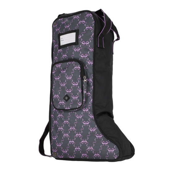 A tall, narrow soft-sided bag or case with a dark gray and black body covered in a repeating purple bow pattern, plus black side panels and trim. It has a front zip pocket, a small white label patch, and a shoulder strap, shown on a plain white background equestrian fashion outfitters